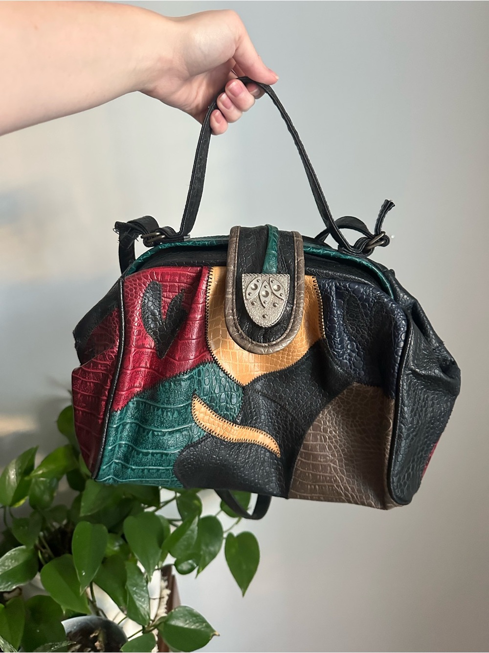 1990’s Colorblock Textured Top-Handle Women’s Bag in Black, Red, Green, Brown
